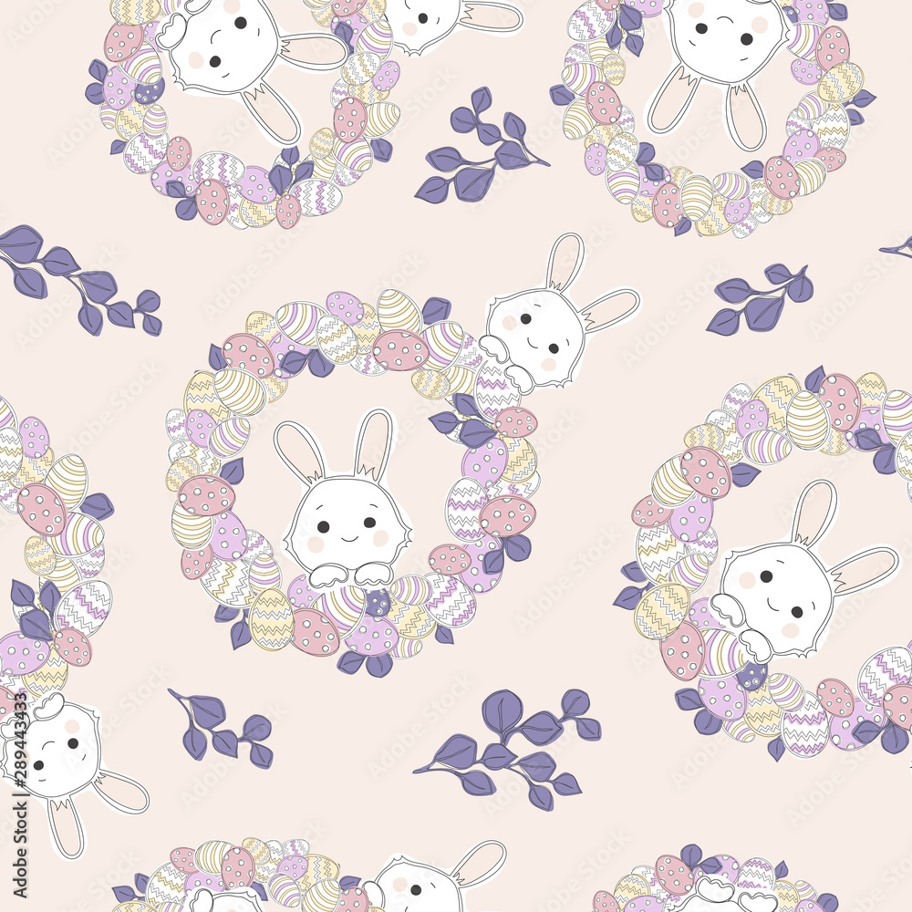 Seamless pattern with Easter wreath with colorful eggs and bunnies.