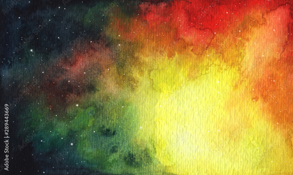 Abstract bright colorful universe. Nebula night starry sky in rainbow colors. Multicolor outer space. Nebula and galaxies in dark space for posters, banners, web design. watercolor illustration.