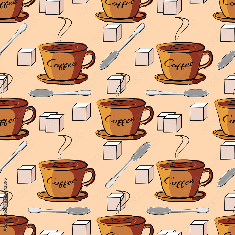 Obraz premium Seamless pattern brown coffee cups on a light brown background