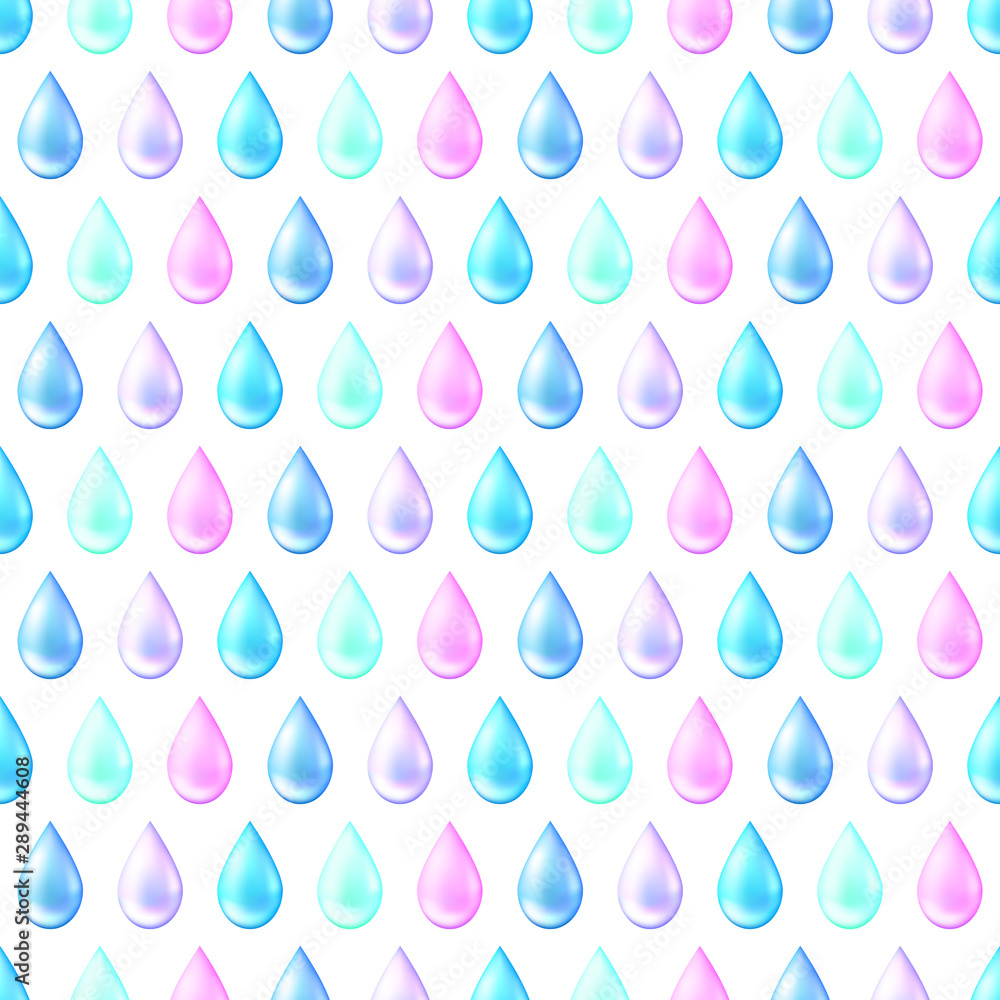 Seamless pattern water drop. 3d realistic vector illustration. Water drop of multicolored realistic style. Background with raindrop. Pastel color pink, blue and green. Seamless pattern water drop. 3d realistic vector illustration. Water drop of multicolored realistic style. Background with raindrop. Pastel color pink, blue and green.