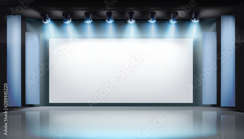 Large projection screen on stage. Art gallery. Free space for advertising. Vector illustration.