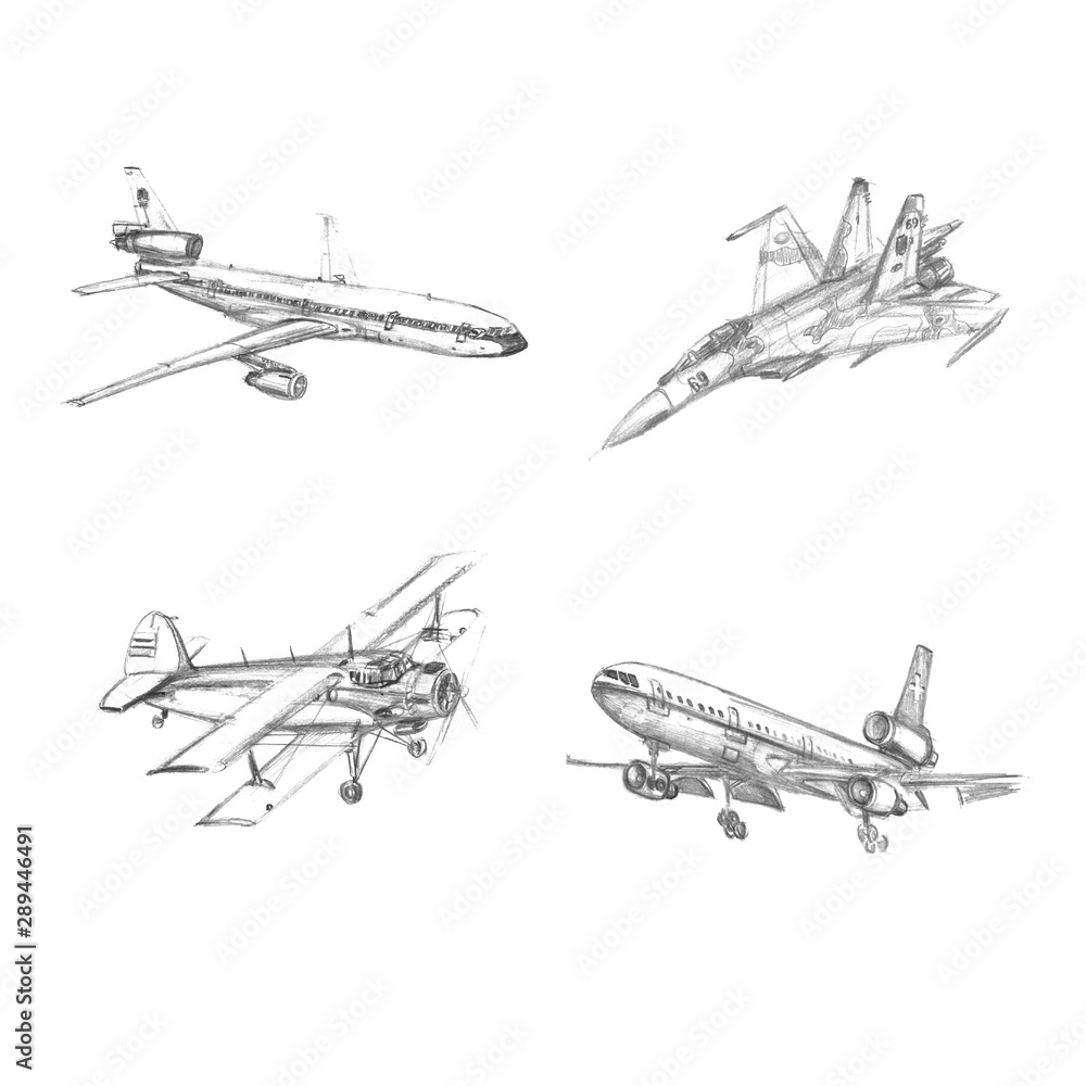 Set of pencil drawn airplanes on white background. Hand-drawn Set of pencil drawn airplanes on white background. Hand-drawn