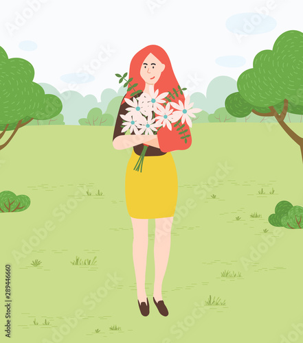 Woman with flowers in park  nature and environment vector. Girl with chamomiles bouquet  forest meadow  trees and bushes  female character walking