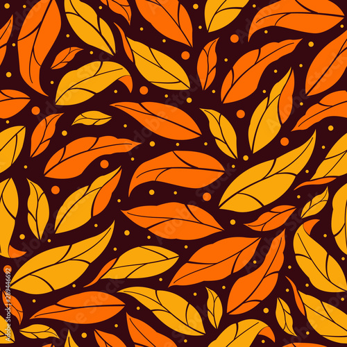 Seamless pattern with autumn leaves on dark red background for fabric, wallpaper, textile, web design.