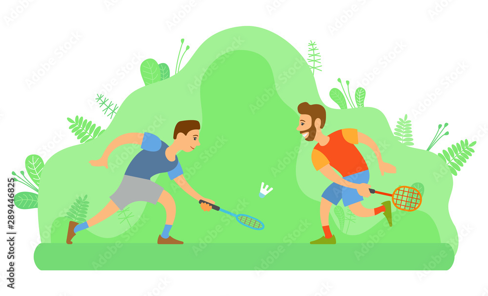 Outdoor activity or sport, men friends playing badminton vector. Rackets and shuttlecock, meadow and nature, sporting equipment and male characters. Summer activity. Flat cartoon