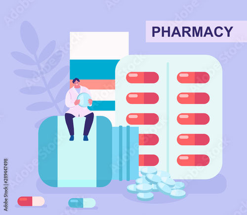 Online pharmacy design concept. cartoon vector illustration with small characters for web site design, banner, landing page. Buy medicaments online. E-commerse site design.