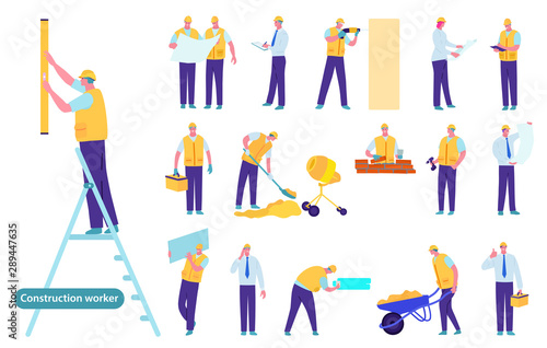 Construction worker Character creation set. Male worker. Various poses and emotions, running, standing, walking, working. Full length, front, rear view. Vector. Cartoon style.