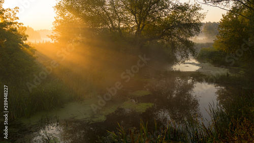 Dawn over the river, fog slowly rising from the water, its rays illuminate it