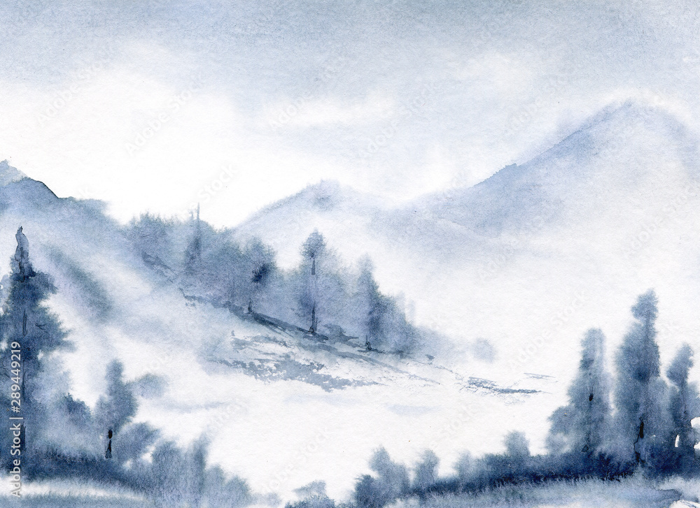 Landscape with mountains and forest, wild nature scenery. Watercolor hand painting sketch scene. Perfectly for poster design. Indigo illustration.