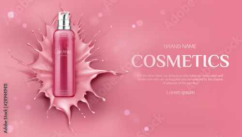 Cosmetics bottle mock up banner, beauty skin care cosmetic product pump tube on pink liquid splash background with drops. Gel, cream package design promo ad poster Realistic 3d vector illustration,