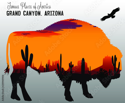 Vector drawing, double exposure with bison. Wildlife background with mountains and lake.