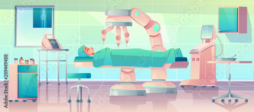 Robot surgery operation of patient. Process surgical intervention robotics machine in human body, futuristic technology, cyborg arm operating woman, contemporary medicine cartoon vector illustration
