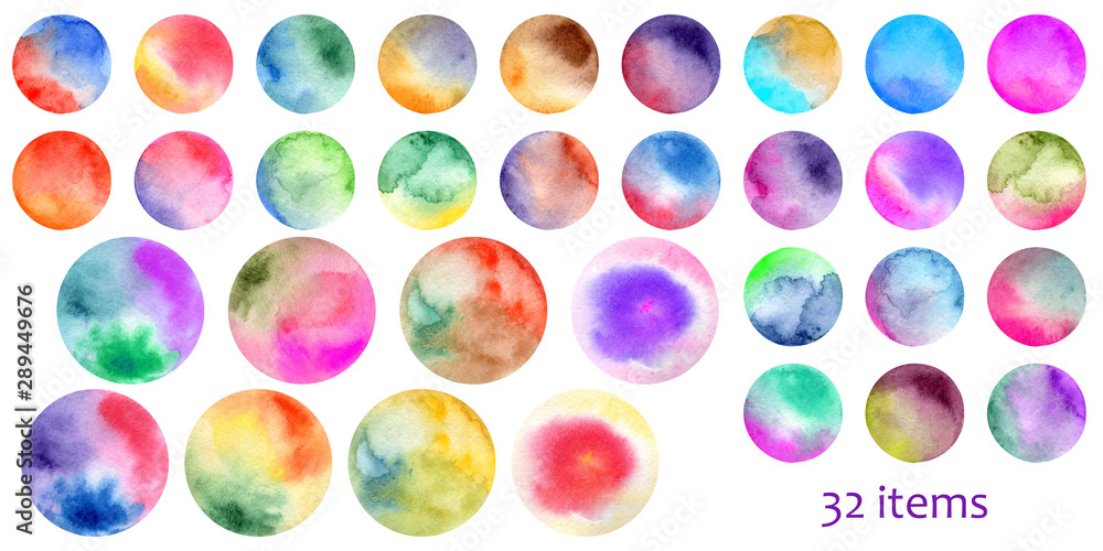hand-drawn watercolor abstract circles with colored stains, brush imitating nature, water, the moon, New Year's balls, decorations for use in design, textiles, card, banner