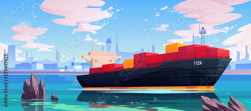 Obraz Statek towarowy w doku w porcie morskim, statek przemysłowy z kontenerami fracht w stoczni portowej, import i eksport towarów logistyka morska Transport handlowy ocean transport Ilustracja kreskówka wektor