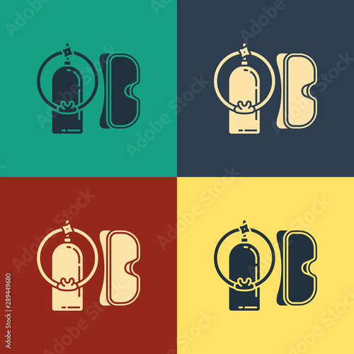 Color Diving mask and aqualung icon isolated on color background. Oxygen tank for diver. Extreme sport. Sport equipment. Vintage style drawing. Vector Illustration
