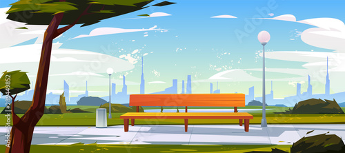 Bench in park, summer time landscape with city view background, empty public place for walking and recreation with green trees, litter bins and street lamps. Urban garden Cartoon vector illustration