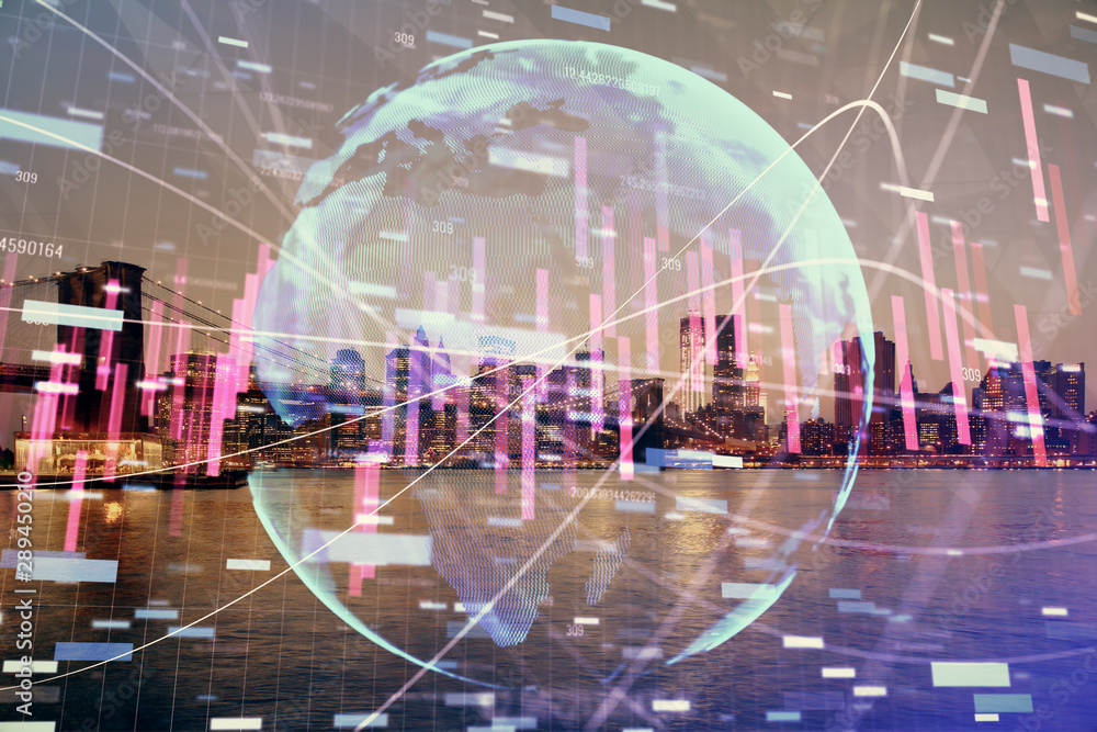 Financial graph on night city scape with tall buildings background multi exposure. Analysis concept. Financial graph on night city scape with tall buildings background multi exposure. Analysis concept.