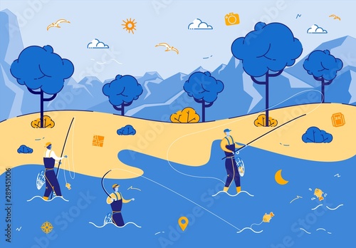 Men Fishing on Calm Lake or River at Mountains