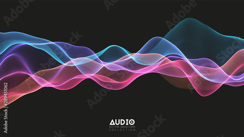 Vector 3d echo audio wavefrom spectrum. Abstract music waves oscillation graph. Futuristic sound wave visualization. Colorful glowing impulse pattern. Synthetic music technology sample. © garrykillian