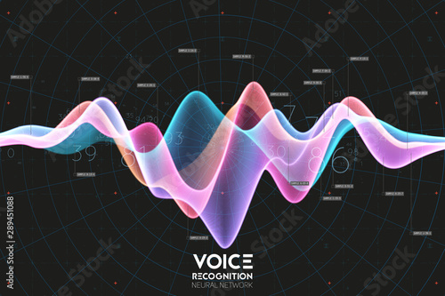 Vector echo audio wavefrom. Abstract music waves oscillation. Futuristic sound wave visualization. Synthetic music technology sample. Voice recognition. Digital sound analysis. Speech to text.