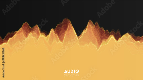 Vector 3d echo audio wavefrom spectrum. Abstract music waves oscillation graph. Futuristic sound wave visualization. Orange glowing impulse pattern. Synthetic music technology sample.
