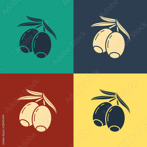 Color Olives branch icon isolated on color background. Vintage style drawing. Vector Illustration