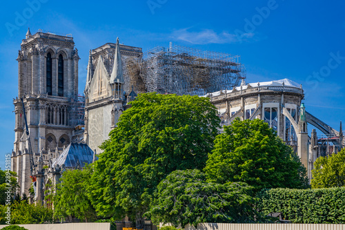 Notre Dame de Paris reconstruction, scaffoldings and work in progress after the fire destroyed the cathedral on 15 April 2019