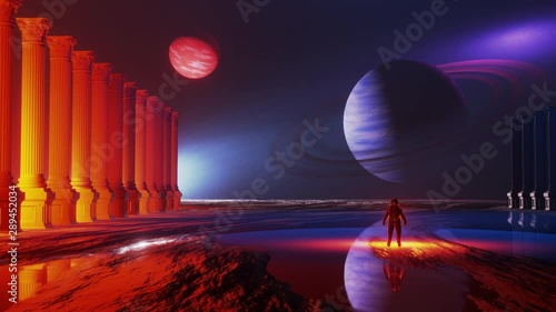 Fantasy space ,exploration of the the Planet's Surface. Star gate , volumetric lighting. 3d motion  photo