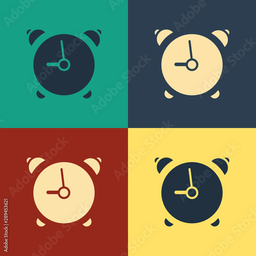 Color Alarm clock icon isolated on color background. Wake up, get up concept. Time sign. Vintage style drawing. Vector Illustration