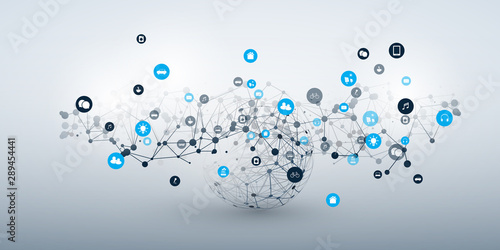 Internet of Things, Cloud Computing Design Concept with Wireframe and Icons - Global Digital Network Connections, Smart Technology Vector Concept