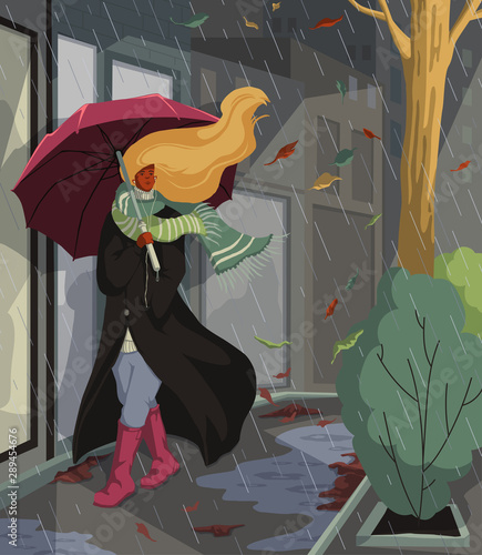 Woman with umbrella walking on street at rainy and windy weather. Autumn night cityscape. Sad melancholy mood and seasonal depression. Vector illustration