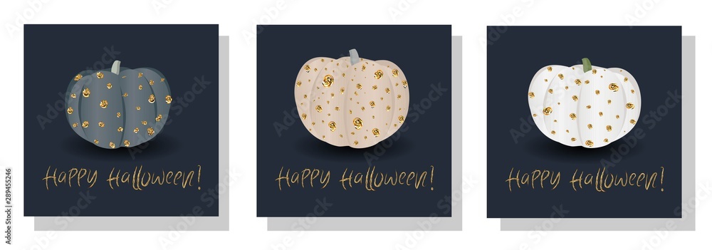 Halloween card set. Golden pumpkins on a dark background..