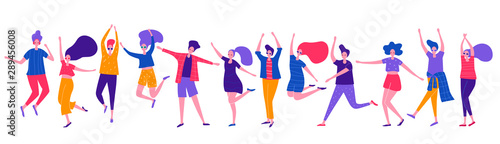 Group of happy dancing people. Male and female having fun, dance, jump. Disco party. Flat vector illustration.