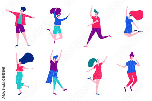 Group of happy dancing people. Male and female having fun  dance  jump. Disco party. Flat vector illustration.
