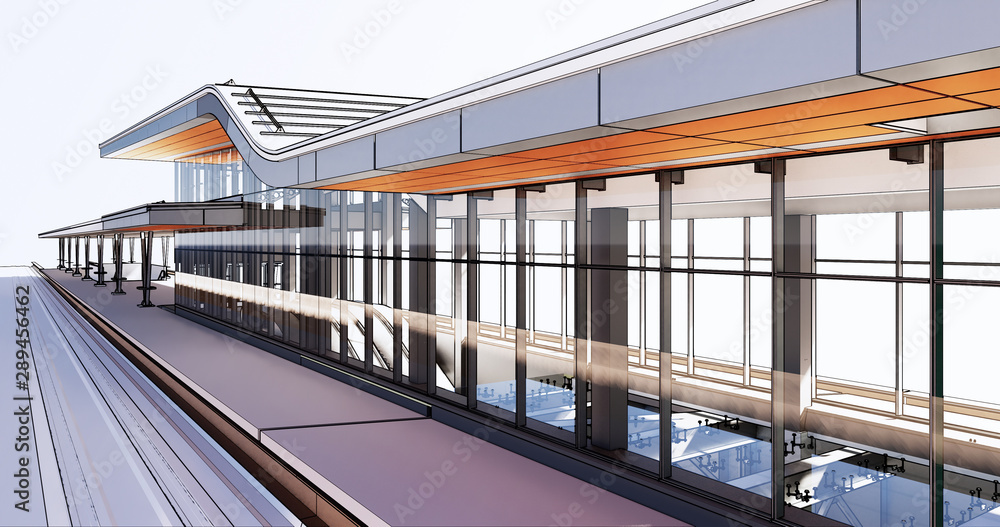 Conceptual visualization of a passenger railway platform in a modern design Conceptual visualization of a passenger railway platform in a modern design