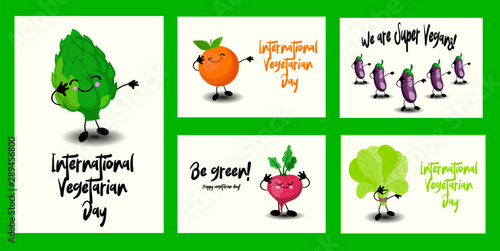  RGBSet of greeting cards for World Vegetarian Day and Vegan. Cute vegetables characters and funny lettering..