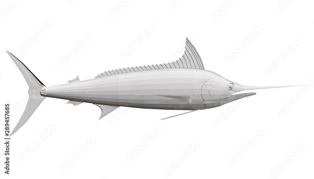 Polygonal fish sword. Side view. 3D. Vector illustration.