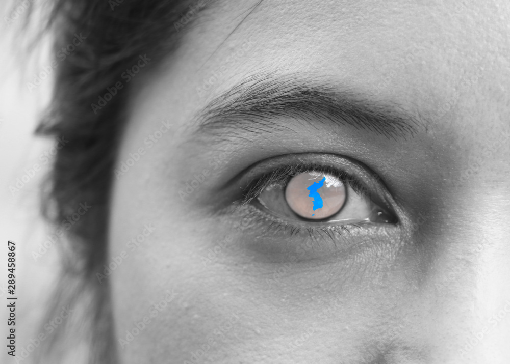 Obraz premium Black and white human face and the eye with Korean Peninsula in blue on the center of eye or eyeball.