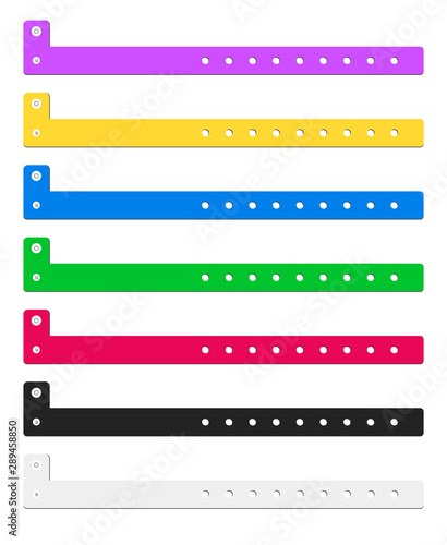 Vector set of cheap plastic empty bracelet or wristband in most common colors. L shape pvc vinyl material with safety lock. Hand ID entrance festival bracelet template isolated on a white background.