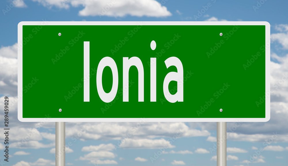 Rendering of a green highway sign for Ionia Michigan