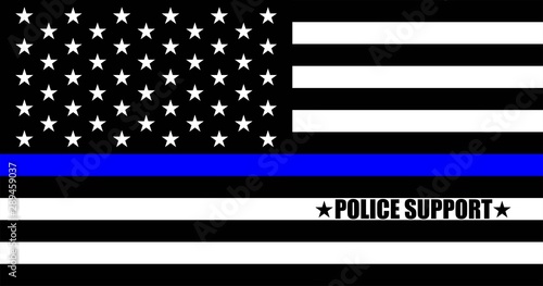 American flag with police support symbol, Thin Blue Line and text "Police Support".  American police in society as the force which holds back chaos, allowing order and civilization to thrive. 