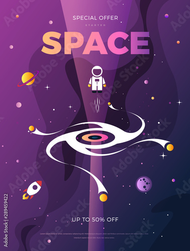 Space exploration modern vertical poster design with a Black Hole and Galaxy in cosmos. Cute time travel quantum physics template vector scientific illustration with a portal