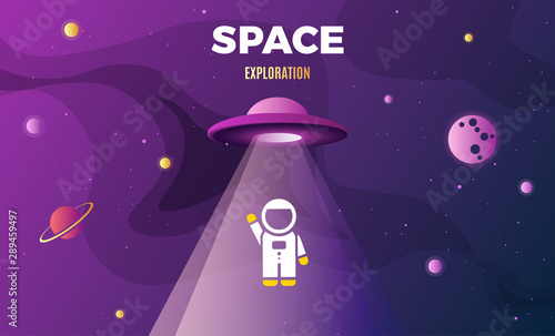 Space exploration modern background design with an alien ship in cosmos and flying Astronaut. Cute gradient template with Spaceship, Moon and Stars for poster, banner or website page