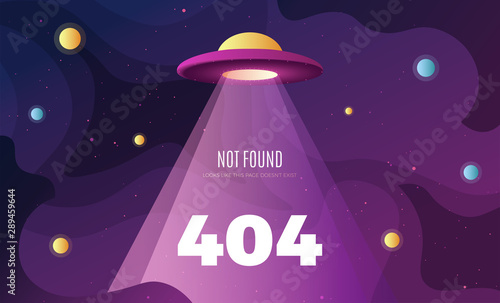 Space exploration modern background design with an alien ship in cosmos and Error 404, page not found text. Cute gradient template with Spaceship, Moon and Stars for poster, banner or website page