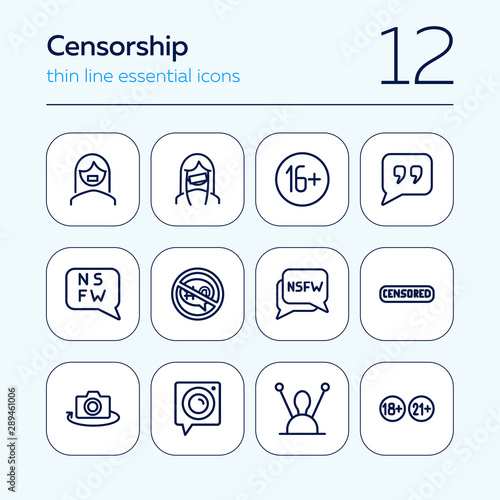 Censorship line icon set. Set of line icons on white background. TV requirement concept. Camera, antenna, stamp. Vector illustration can be used for topics like cinema, TV, radio, social media