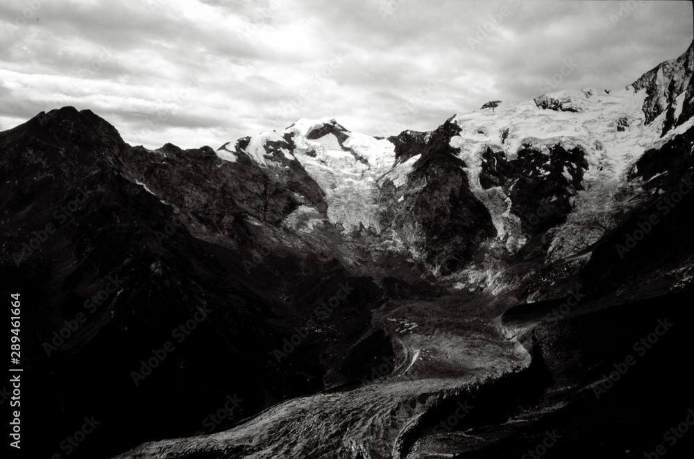 landscape of Monte Rosa with the belvedere glacier, black and white photo,