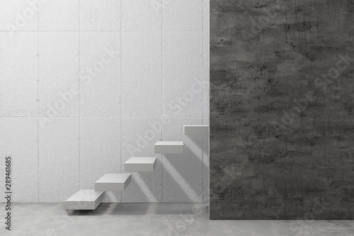 staircase in modern room, white and black concrete wall and cement floor, 3d background wallpaper