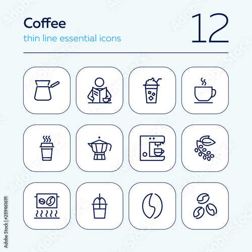Coffee line icon set. Cappuccino maker machine, takeaway paper cup, bean. Coffee concept. Can be used for topics like coffee shop, break, morning, breakfast