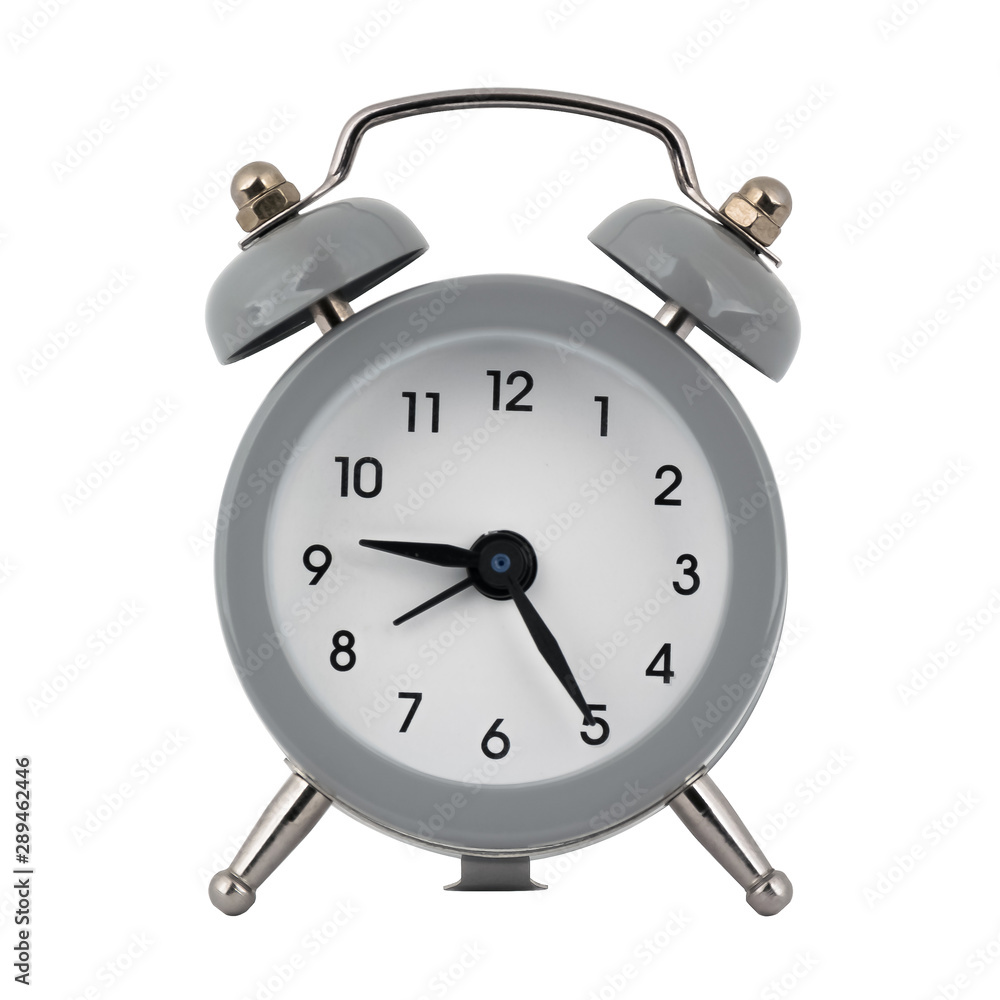 A gray clock with an alarm clock on a white background with arrows showing the time nine hours twenty five minutes or twenty one hours twenty five minutes A gray clock with an alarm clock on a white background with arrows showing the time nine hours twenty five minutes or twenty one hours twenty five minutes
