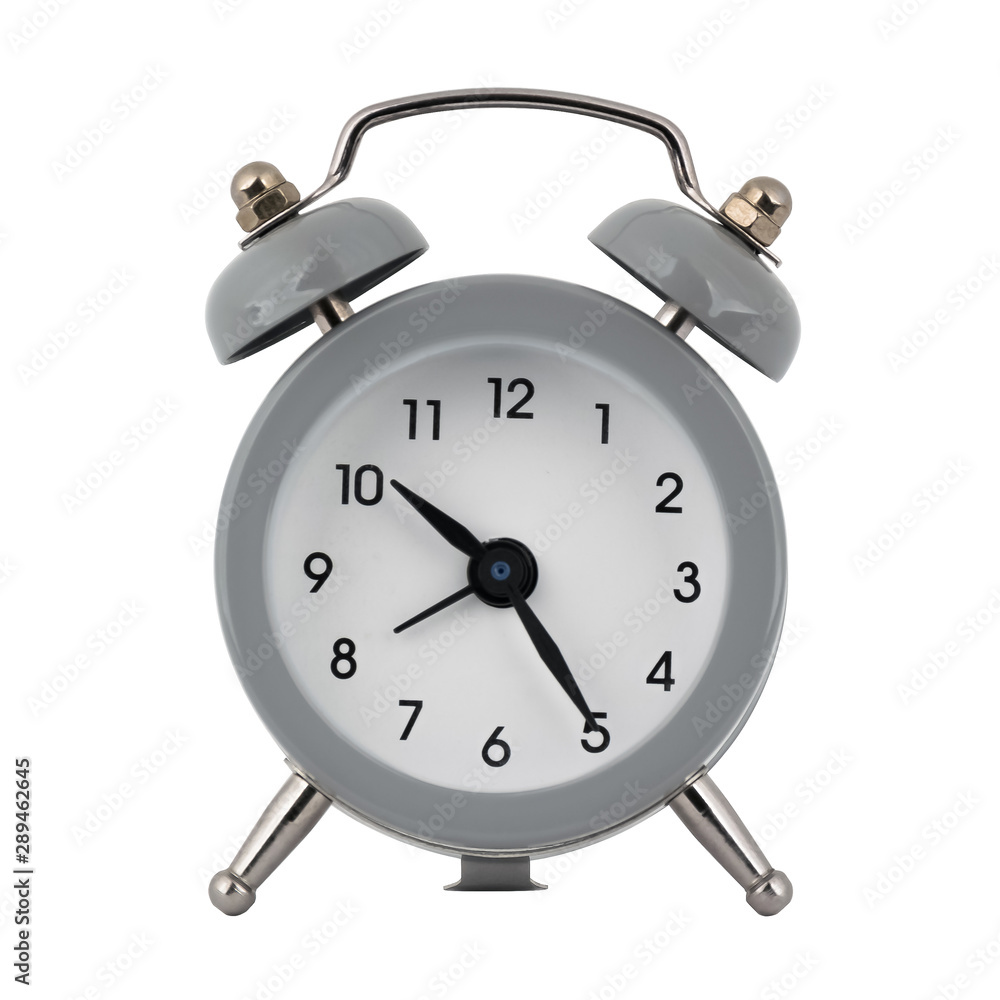A gray clock with an alarm clock on a white background with arrows showing the time ten hours twenty five minutes or twenty two hours twenty five minutes A gray clock with an alarm clock on a white background with arrows showing the time ten hours twenty five minutes or twenty two hours twenty five minutes